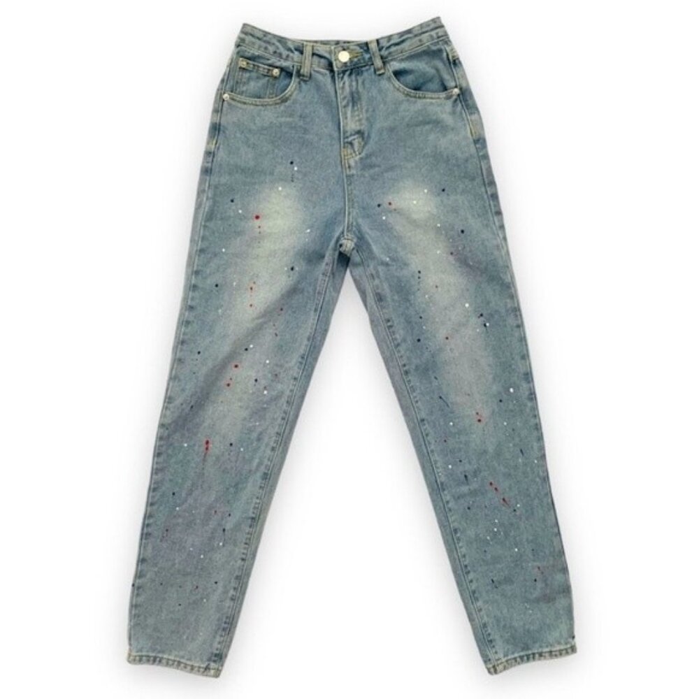 90s Style High Waisted Jeans 2 Blue Light Wash Denim Paint Splatter Taper Retro